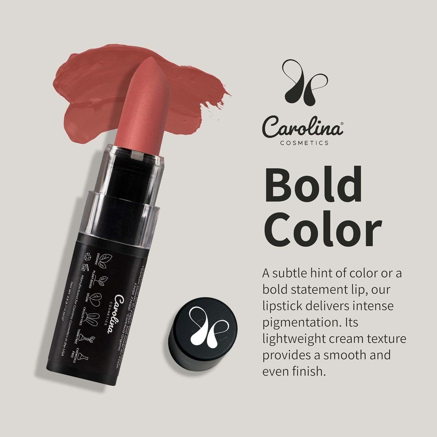 Carolina COSMETICS - Plant-Based Moisturizing Lipstick - Japa Mala Shade 0.15oz- Hydrating with Cocoa Oil, Gluten-Free, Vegan, Non-GMO, Paraben-Free - Lightweight Cream Texture