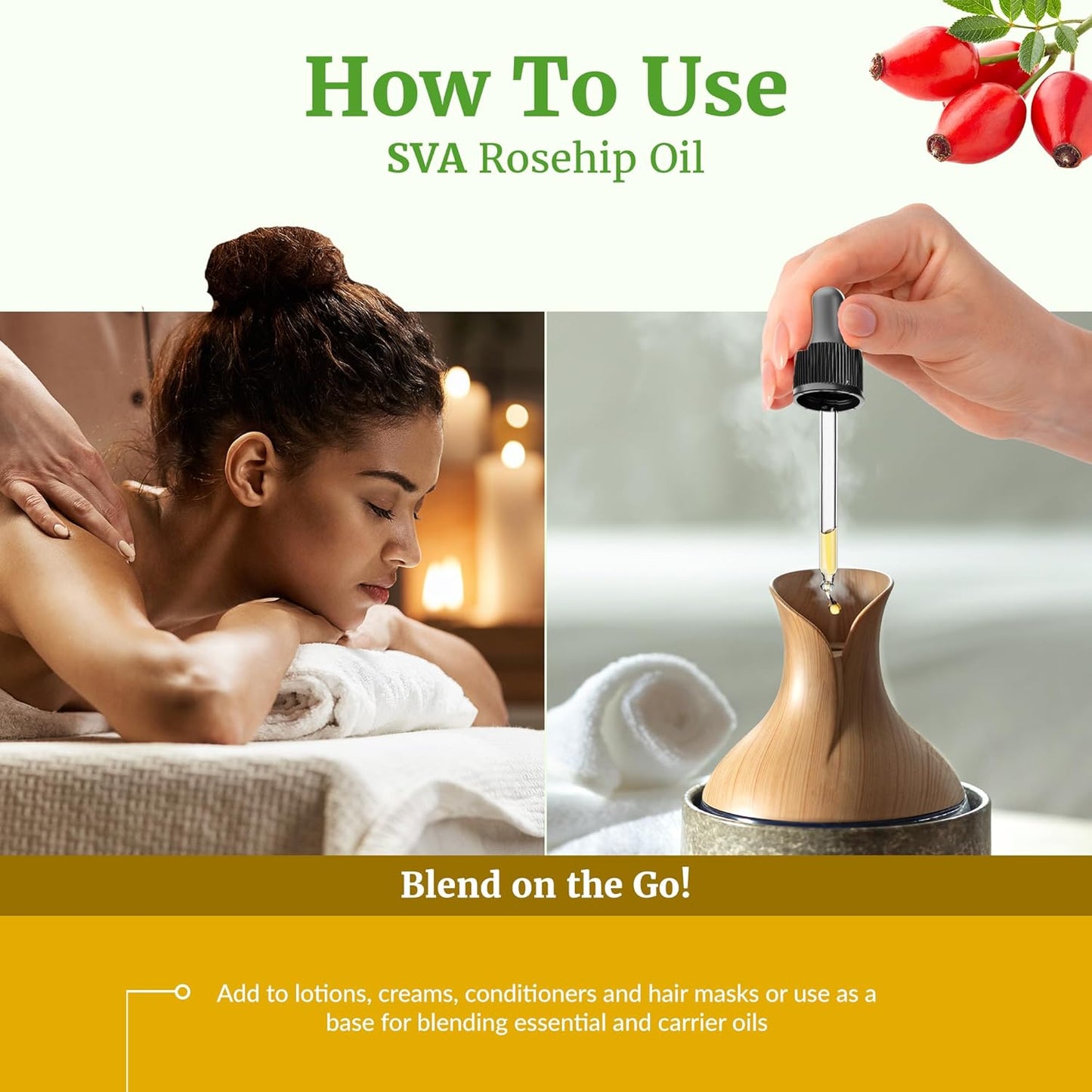 SVA Rosehip Seed Oil - 4 Fl Oz – 100% Natural & Cold Pressed - for Face, Skin Care, Hair Care, Scalp Massage & Body Massage – Carrier Oil with Dropper