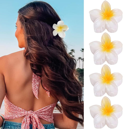 Hair Clip, 4 Count White Flower Claw Clips for Thick/Thin Hair, Strong Hold Nonslip Hair Clips, Tropical Hair Accessories for Women Girls, Hawaiian Holiday Gifts