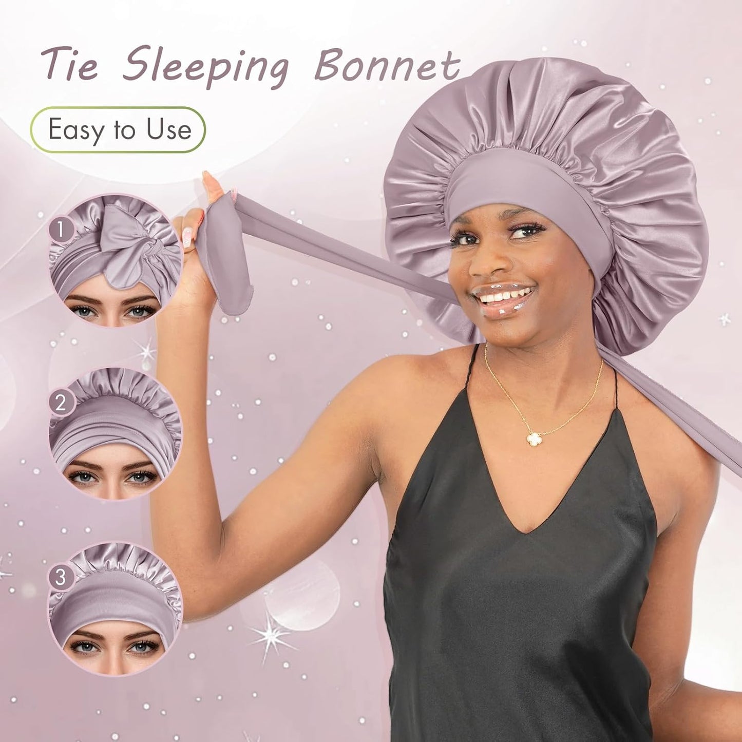 BONNET QUEEN Silk Bonnet for Sleeping Women Big Satin Bonnet Night Sleep Cap Wrap for Curly Hai rwith Adjustable Tie Band, Single Layer, Large, Rose Gold