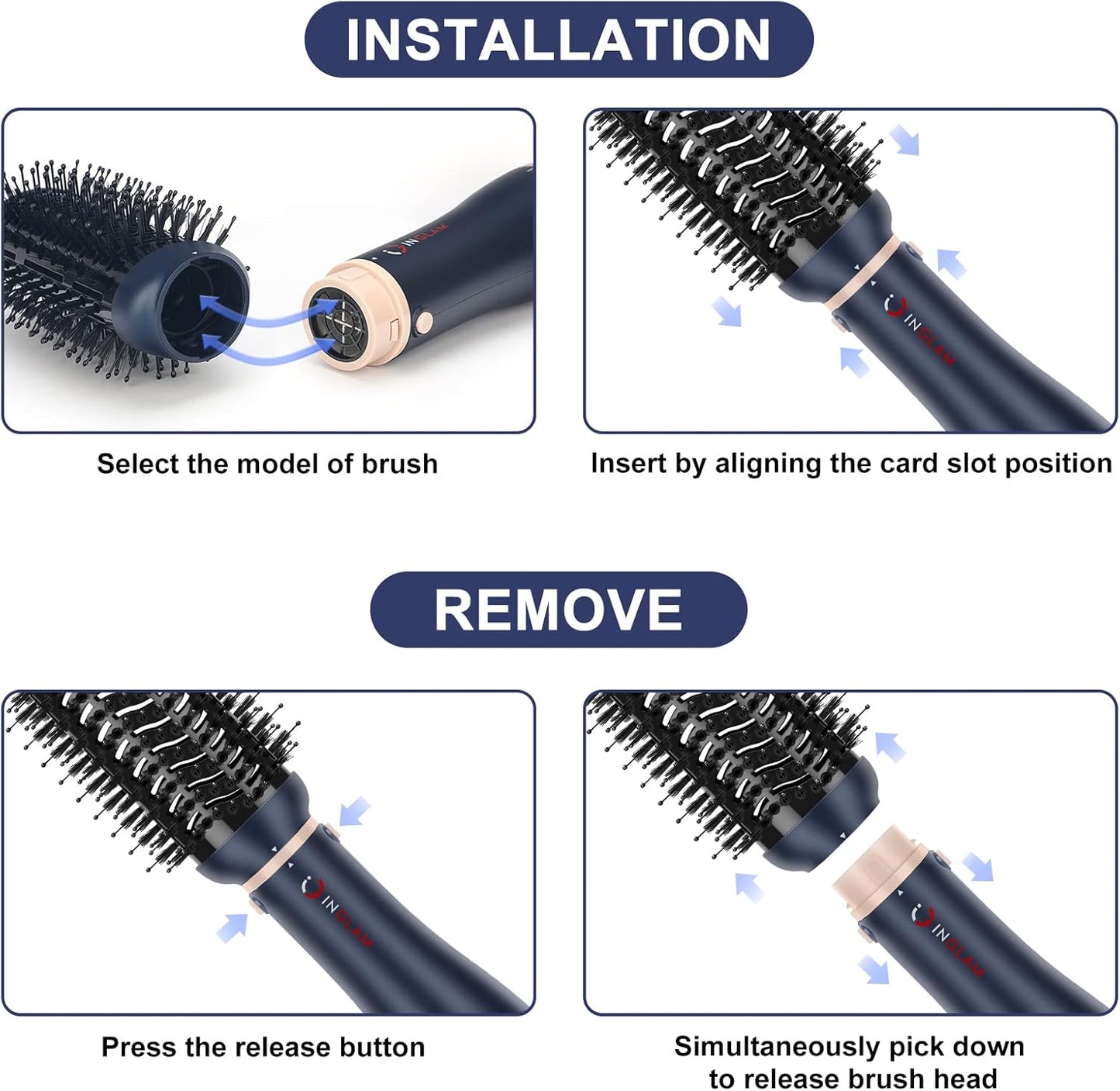 Hair Dryer Brush Set, IG INGLAM 4 in 1 Blowout Brush, Negative Ion Detachable Hair Dryer & Styler Volumizer Hot Air Hair Dryer Brush with 2 Styling Brush Heads, Prussian Blue