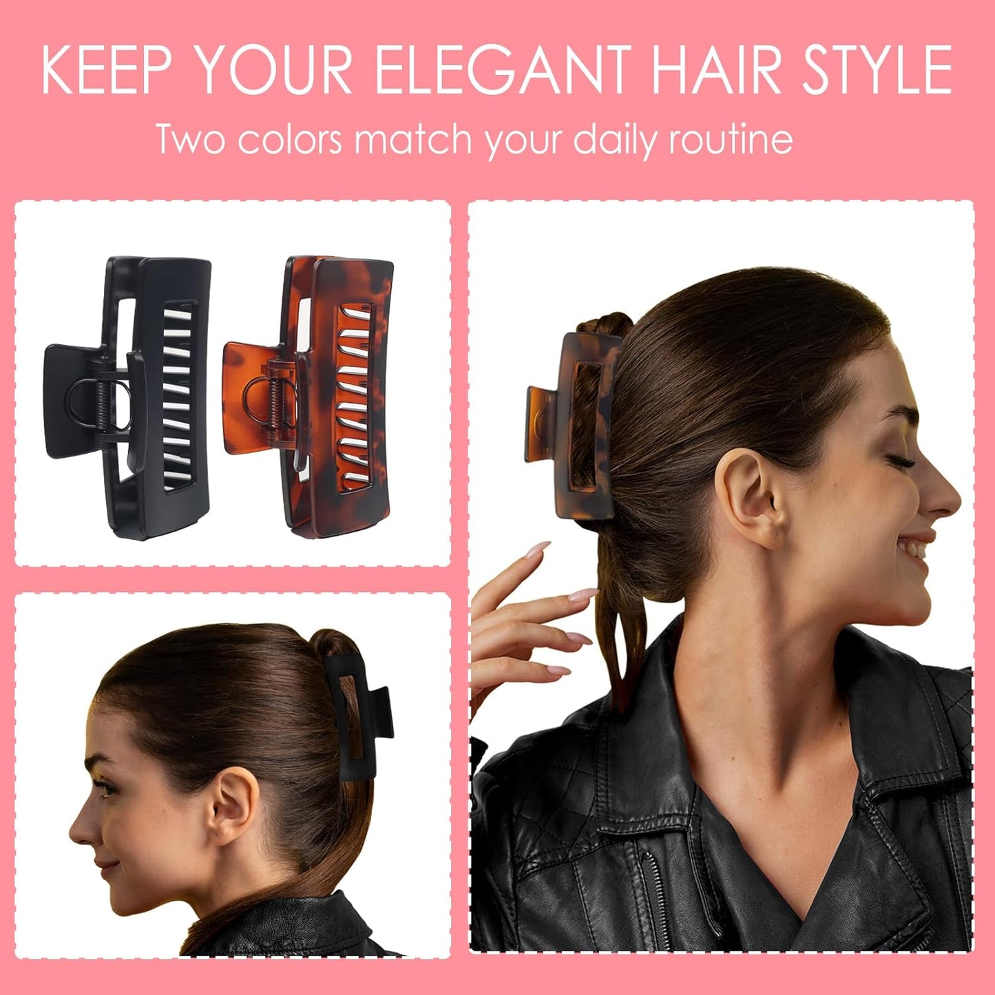 Claw Clip for Women, 4.3" Large 360° Grip Butterfly Spring Hair Clip, Matte Claw Clips 2 Pack - Strong Hold Rectangle Clips, Durable for Thick Hair, Black & Tortoise