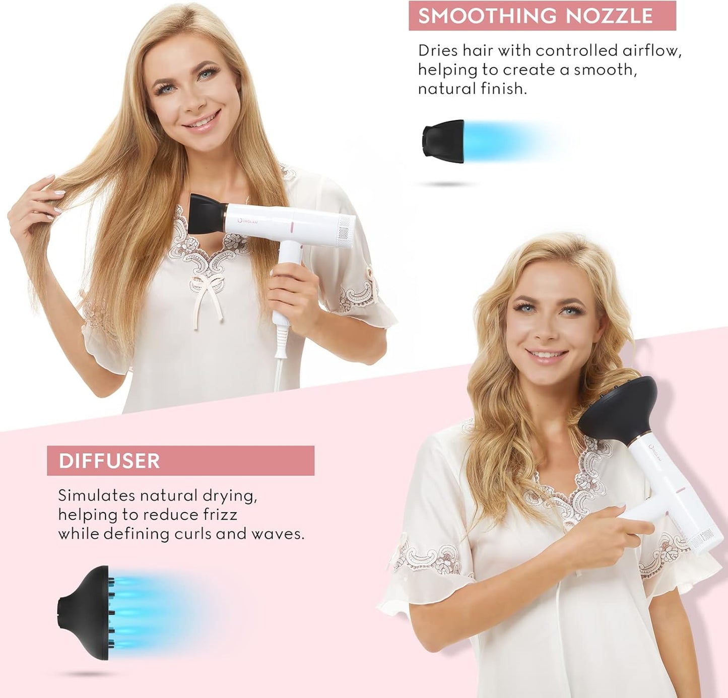 Hair Dryer, IG INGLAM Professional 110,000 RPM High Speed Blow Dryer, Negative Ion Low Noise 3 Heat Settings & 3 Speed & Cold Settings, Lightweight for Travel Home Salon Ionic Hair Dryer