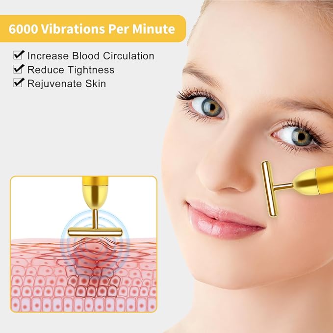 Face Massager Electric Skin Care Tool, 24k Golden T Shape Beauty Bar & 3D Roller Massager, Vibration Facial Lifting and Body Treatment Tool Kit, Reduce Puffiness Improve Wrinkles Anti Aging Device