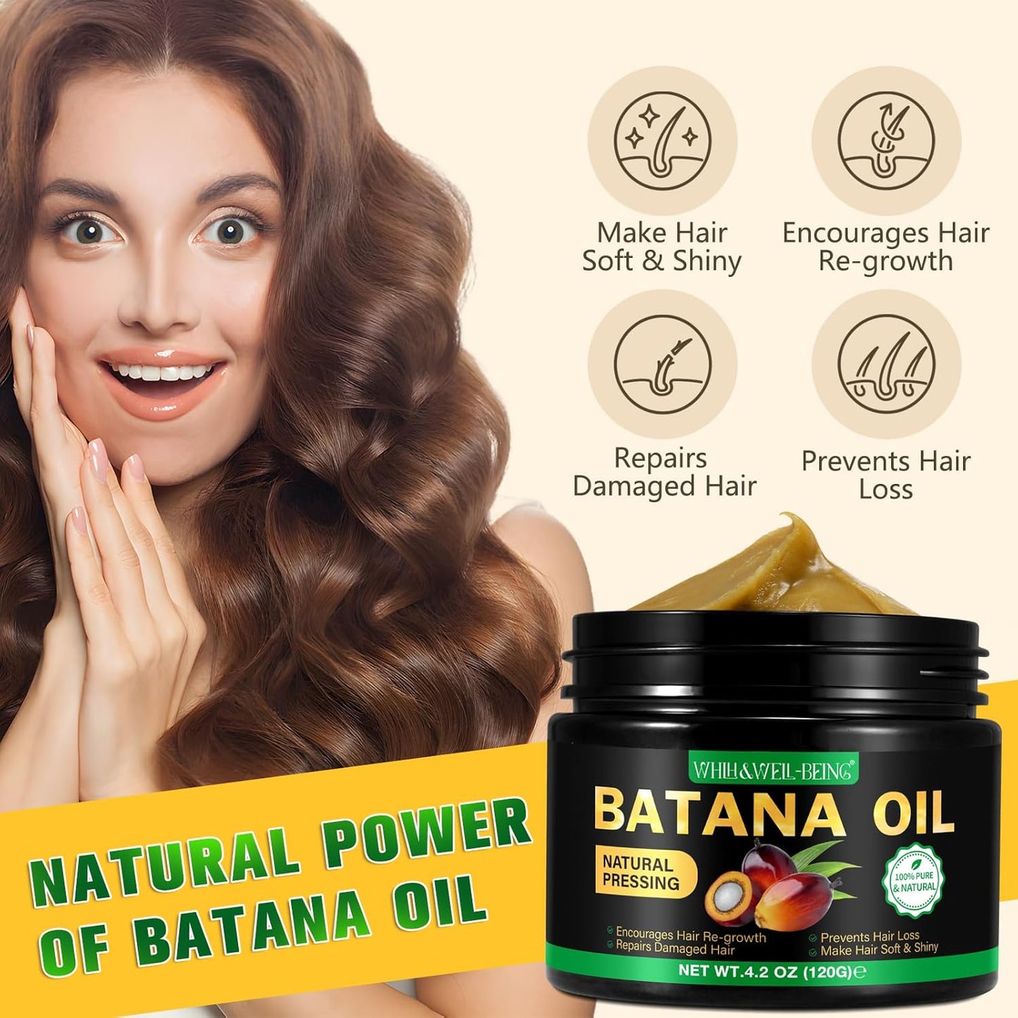 WHLH & WELL-BEING Batana Oil for Hair Growth, Natural Pure Unrefined Batana Oil, Prevent Hair Loss for Men & Women 4.2 OZ 1Pack