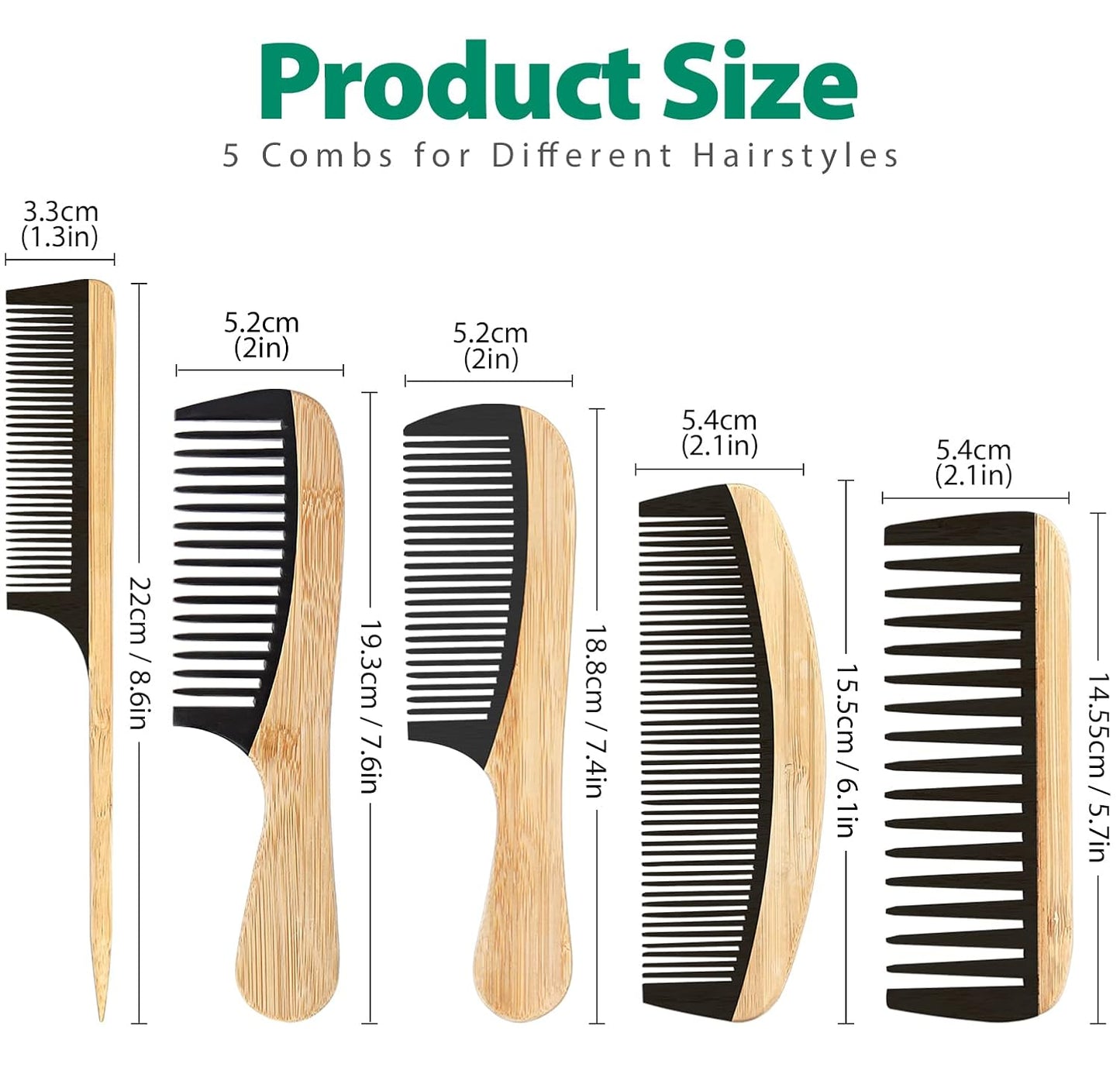 5 Pcs Handmade Bamboo Anti-Static Comb Set for Women and Men - Wide Tooth, Rat Tail, and Fine Tooth Combs for Long, Short, Thick, Thin, Wavy, and Curly Hair Detangling (Natural + Black)