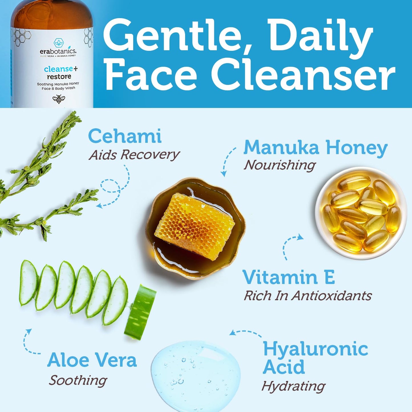 Era Organics Manuka Honey Face Wash for Sensitive Skin - Sulfate Free Gentle Cleanser with Organic Aloe Vera, Hyaluronic Acid & More - Soothing & Moisturizing for Dry Skin - Made in USA (4 oz)