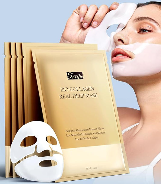 Radiant Glow Collagen Face Mask - Real Deep Overnight Face Masks Skincare with Hyaluronic Acid, Galactomyces Ferment & Vitamin E, Facial Mask for Hydrating, Firming, Plumping & Anti-Aging - 34g x 5ea