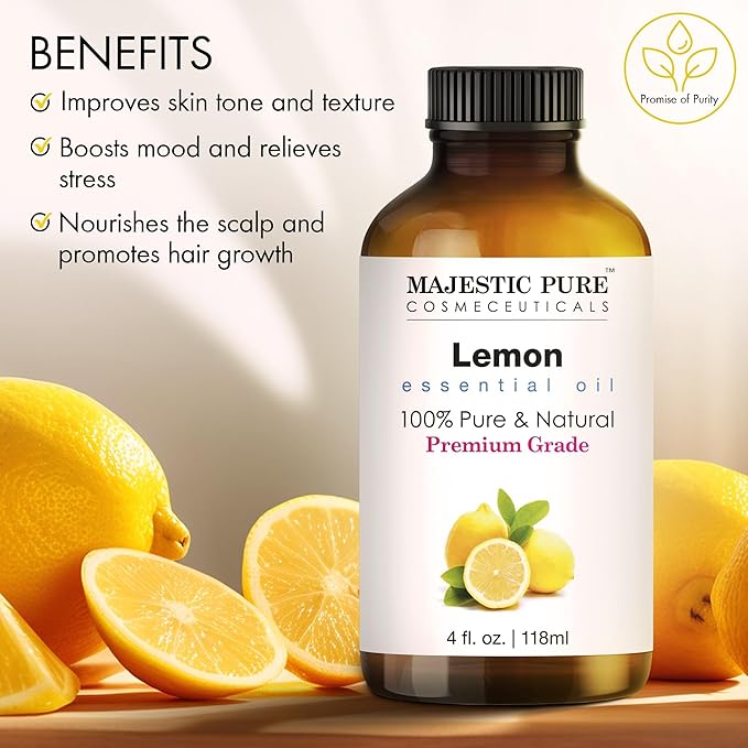 Majestic Pure Lemon Essential Oil with Glass Dropper | 100% Pure and Natural Lemon Oil | Premium Grade Essential Oils for Diffusers, Skin, Aromatherapy, Massage | 4 Fl Oz