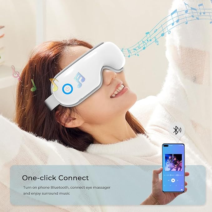 Eye Massager with Heat and Music, Heated Eye Mask with Bluetooth 180°Folding 5-Mode Voice Announcement Heating Massage for Sleep Travel Eyes Strain Relief, Pink