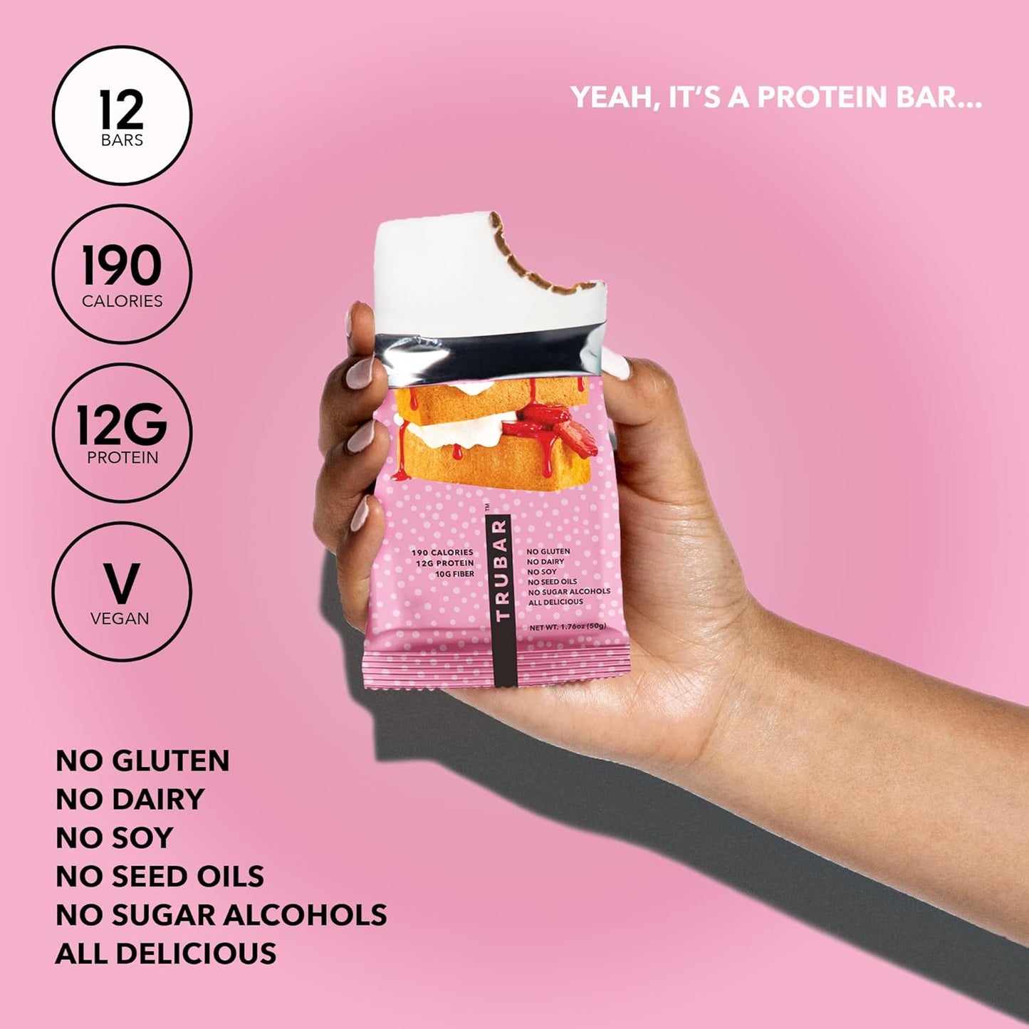 TRUBAR Vegan Protein Bar, Strawberry Shorty Got Cake, Gluten Free, Plant Based Protein, Dairy Free, Non GMO, Soy Free, No Sugar Alcohols, 12G Protein, 12G Fiber, 23G Carb, On the Go Snack Bars, 12 CT