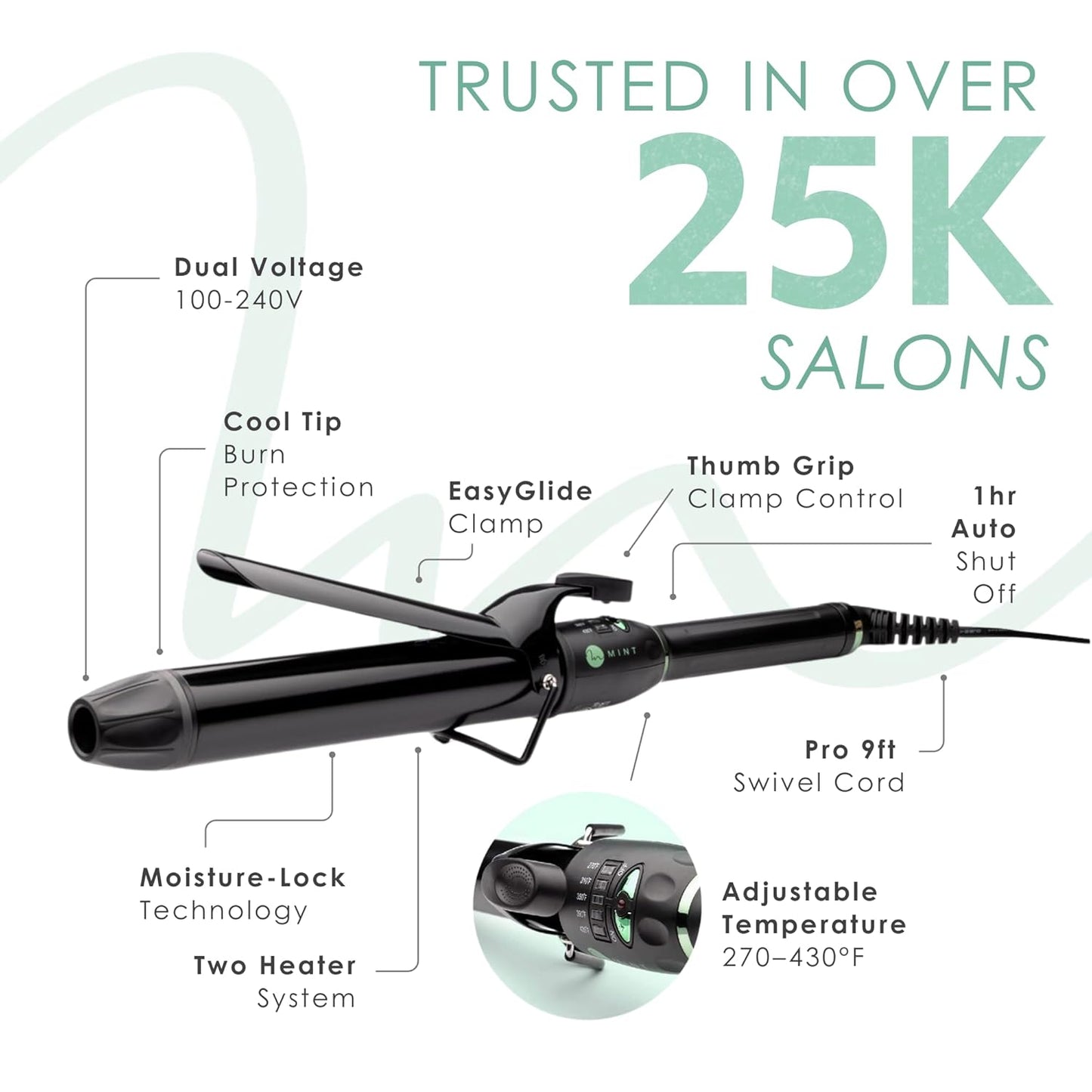 MINT Professional Extra Long Hair Curling Iron 1 1/4 inch | 2-Heater Ceramic Barrel That Stays Hot | 1.25 Inch Hair Iron Curler for Medium to Large Curls | Travel-Ready International Dual Voltage