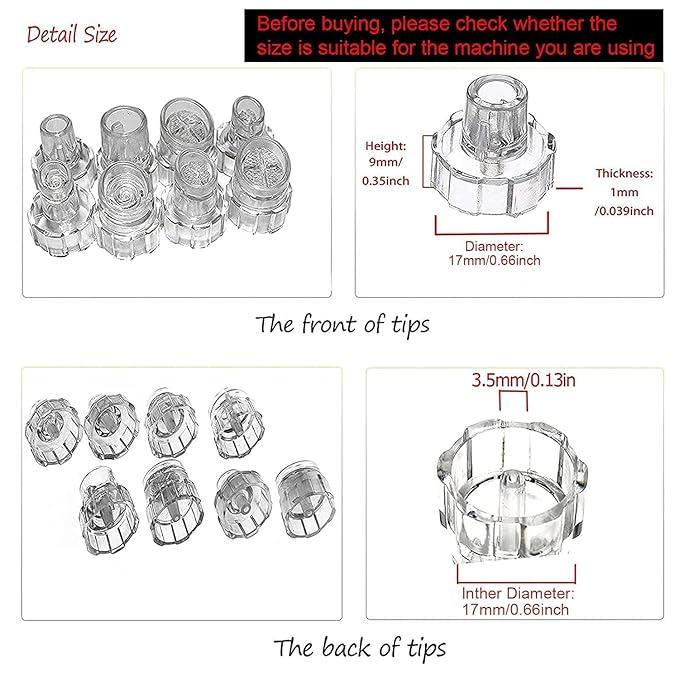 Elitzia Plastic Hydro Dermabrasion Microderma Heads Hydro Facial Aqua Peel Tips Water Peeling Caps Facial Care Skin Cleaning Tool Beauty Machine Replacement Spare Parts 8pcs Per Set（Transparent）