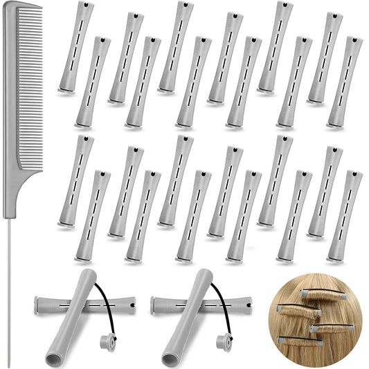 24 Pieces Hair Perm Rods Plastic Cold Wave Perming Curlers Hair Rollers with Steel Pintail Comb Rat Tail Comb Tools for Hairdressing Styling(Grey,0.59 Inches)