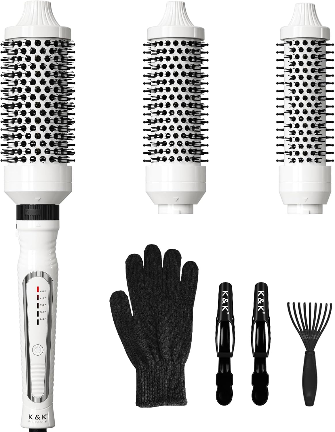 K&K 3 in 1 Thermal Brush Set, Ceramic Hot Brush, Fast Heating Curling Wand for Short, Medium & Long Hair, 5 Temperature Adjustment, Dual Voltage