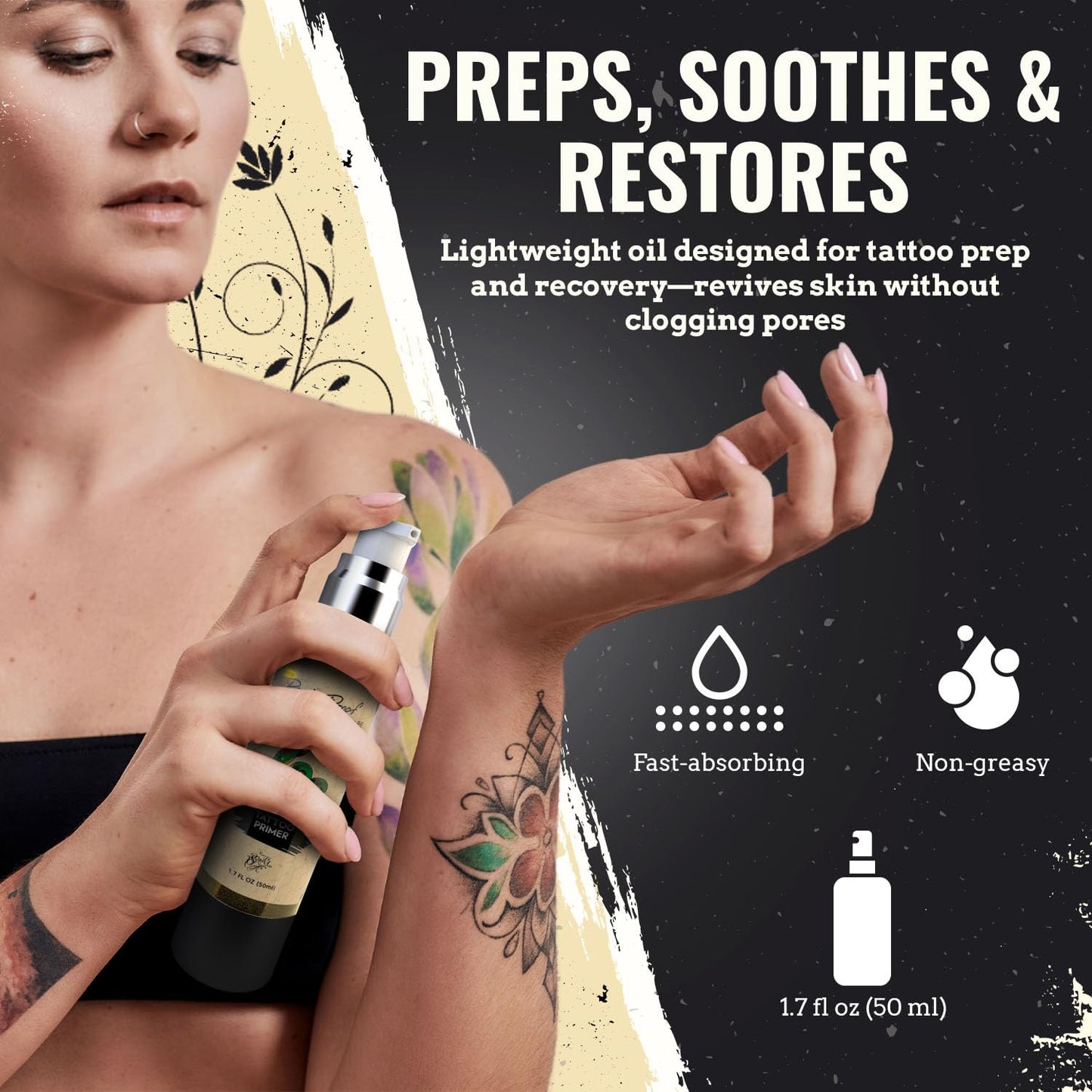 Rust Proof Tattoo Primer 1.7 Fl oz – Lightweight Body Oil Preps and Soothes Tattooed Skin – Fast-Absorbing, Non-Greasy Repair Oil with 14 Essential Oils – Supports Comfort and Skin Vitality