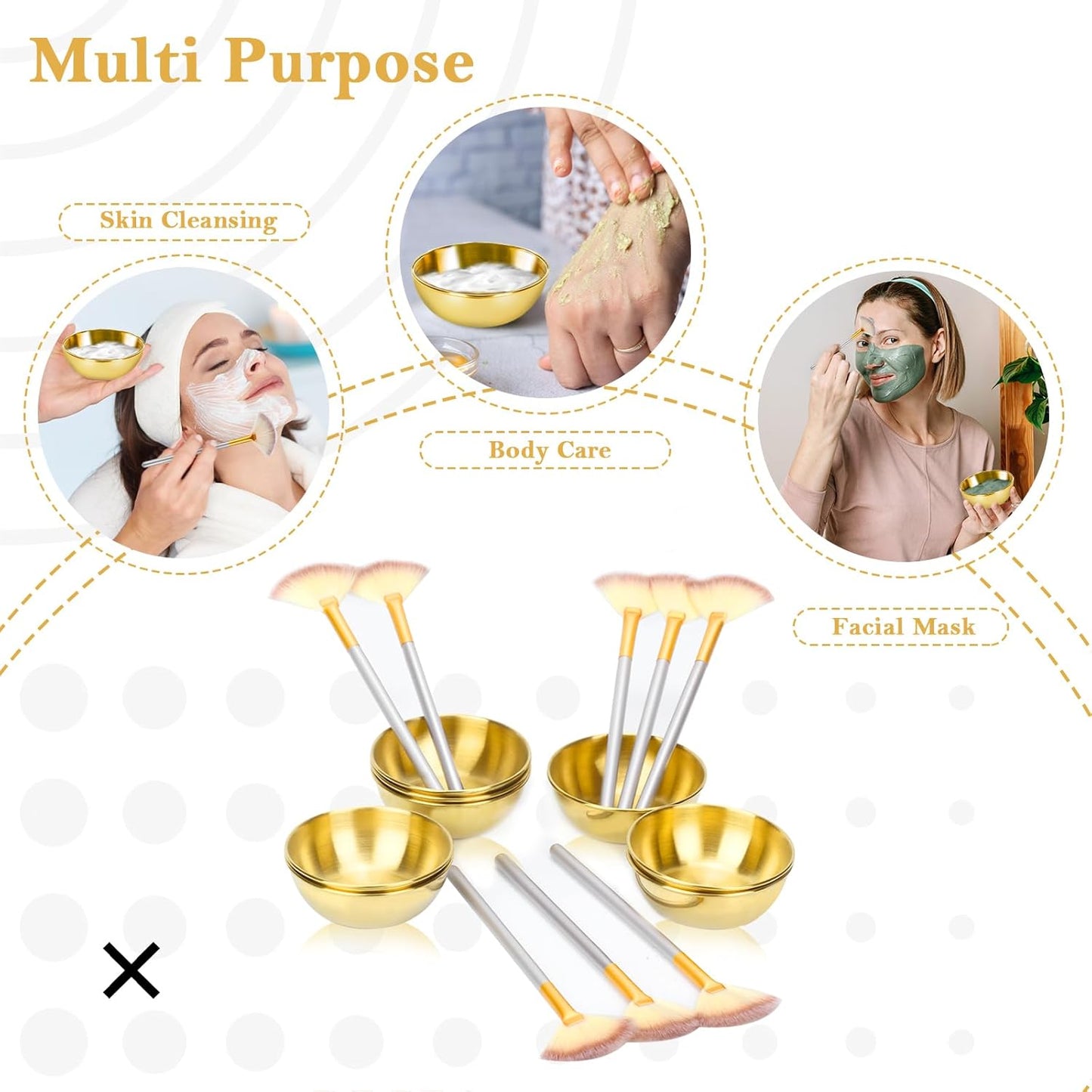 8 Pcs Gold Facial Bowl and Brush Set 4 Gold Stainless Steel Mixing Bowls 4 Facial Fan Brushes Esthetician Face Mask Brush for Mud Cream Makeup Spa Salon (8 Pcs)