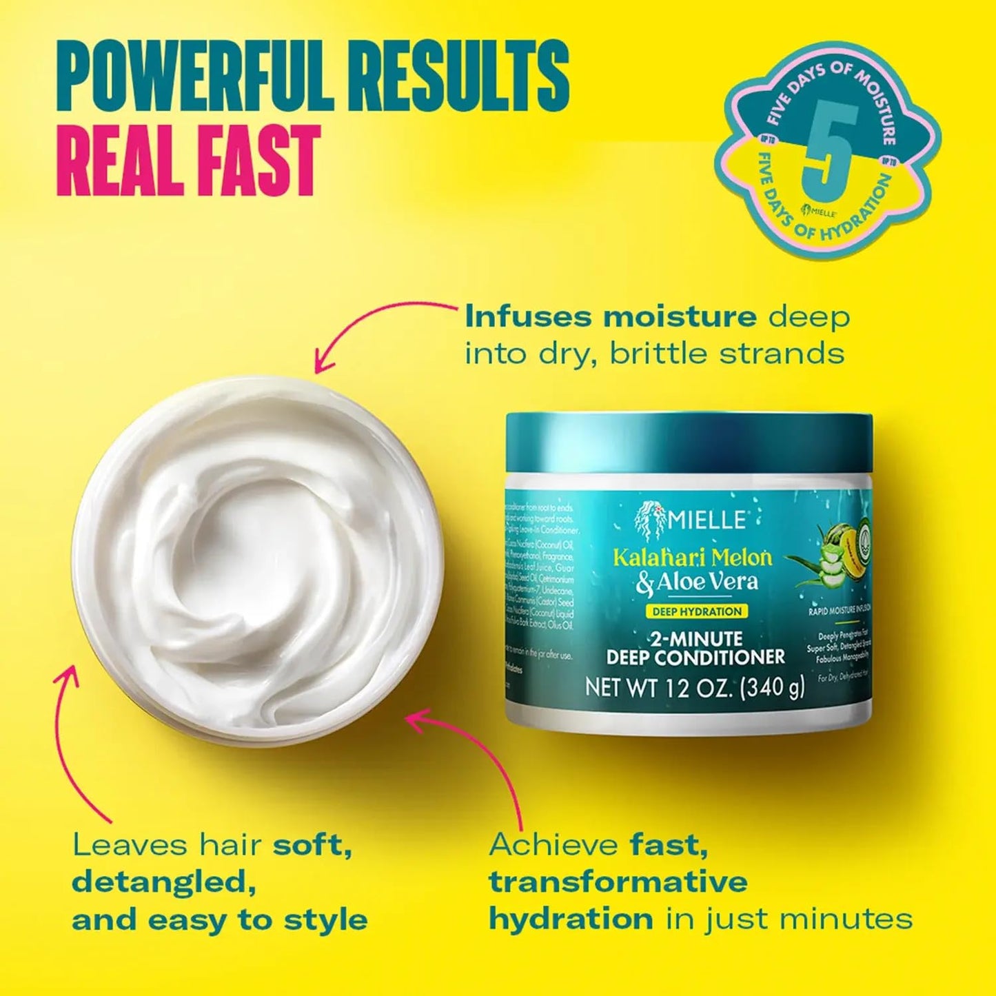 Mielle 2-Minute Deep Conditioner - Kalahari Melon & Aloe Vera Moisturizing Hair Conditioner for Dry, Curly and Textured Hair - Softening, Detangling & Fast-Acting Deep Conditioning Treatment (12 oz)