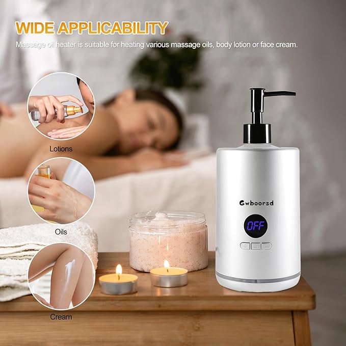 Oil Warmer for Massage, Massage Oil Warmer for Scented Oil, Oil Warmer, Body Oils Heater for Spa, Salon,with 2 Oil Bottle Dispensers, 1 White Funnel,Temperature Control, Atmosphere Lights, Silver
