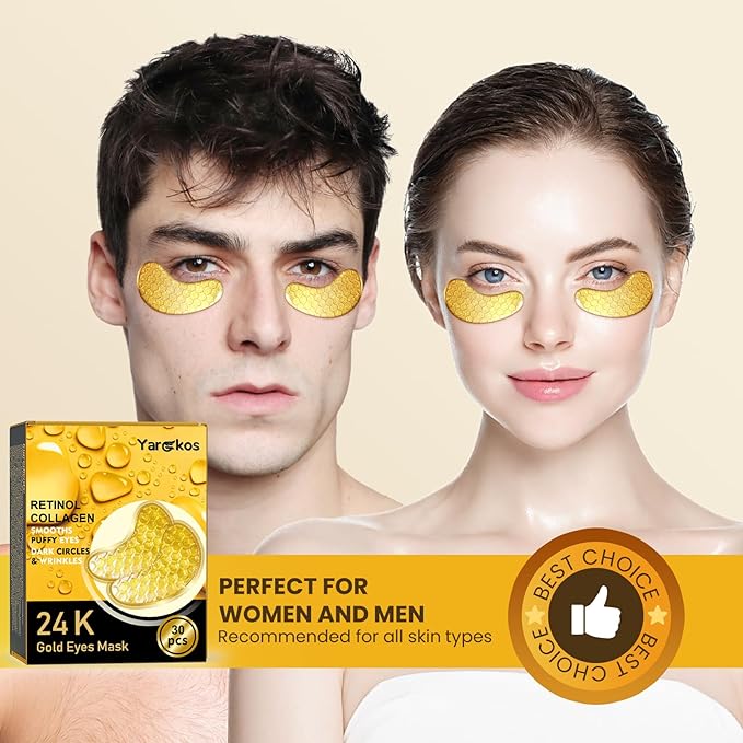 30 Pcs 24K Gold Under Eye Patches Kit, Collagen Golden Eye Mask for Puffy Eyes, Dark Circles, Women Travel Undereye Gel Pads for Puffiness Wrinkle, Men Cooling Hydrating Eye Skin Care