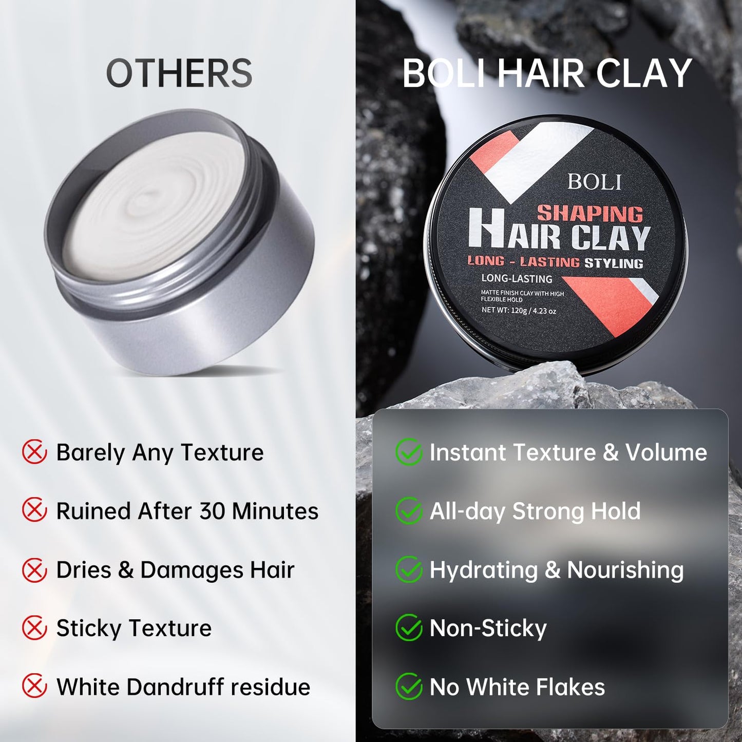BOLI Hair Clay Styling Clay for Men and Women, Matte & Medium Hold Pomade for All Hair Types Moldable Styling Paste (120g)