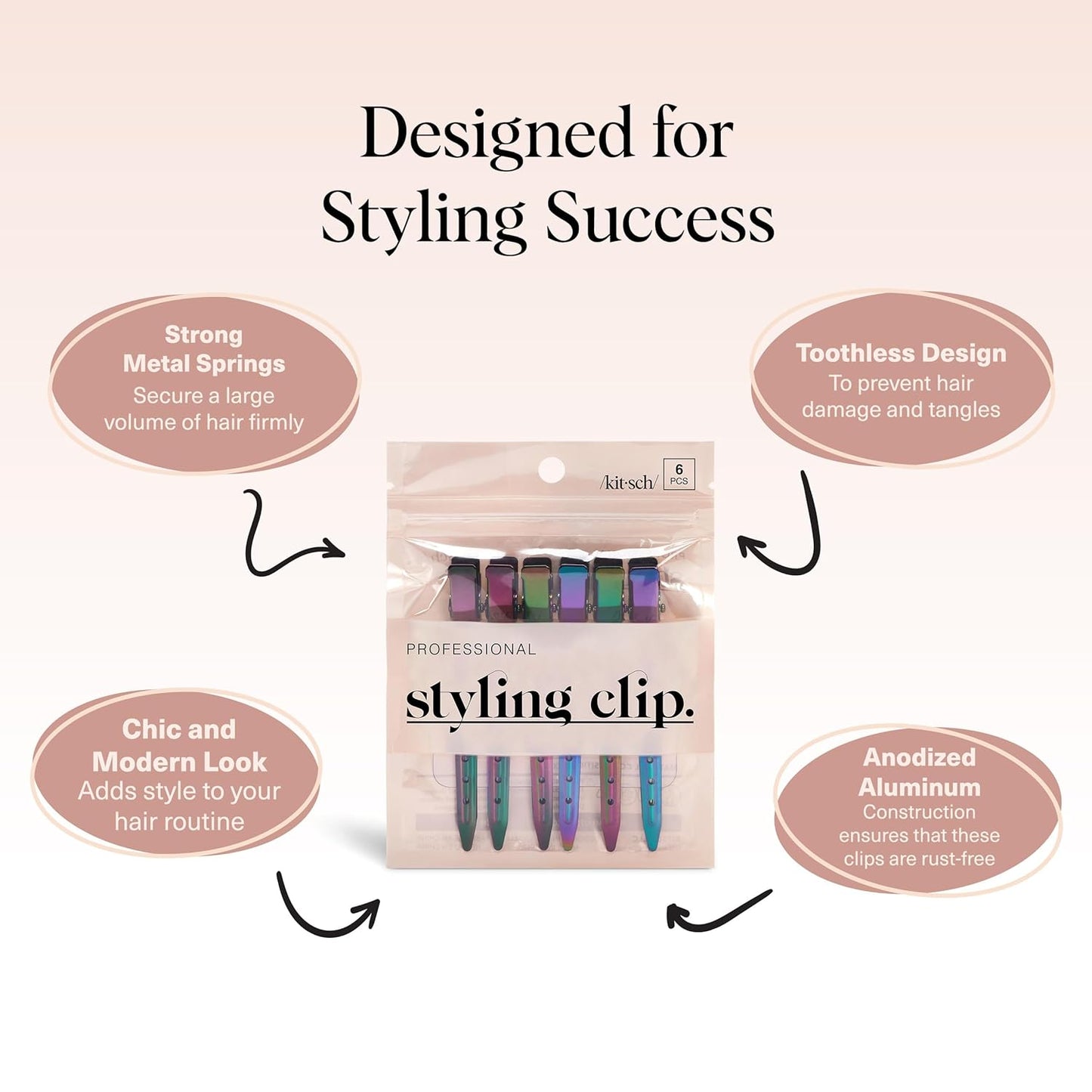 Kitsch Professional Alligator Clips for Hair Styling – 3.5" Aluminum Hair Sectioning Clips for Salon & Makeup Application | Lightweight for Stylists | Ideal Gifts for Women – Iridescent, 6 Pcs