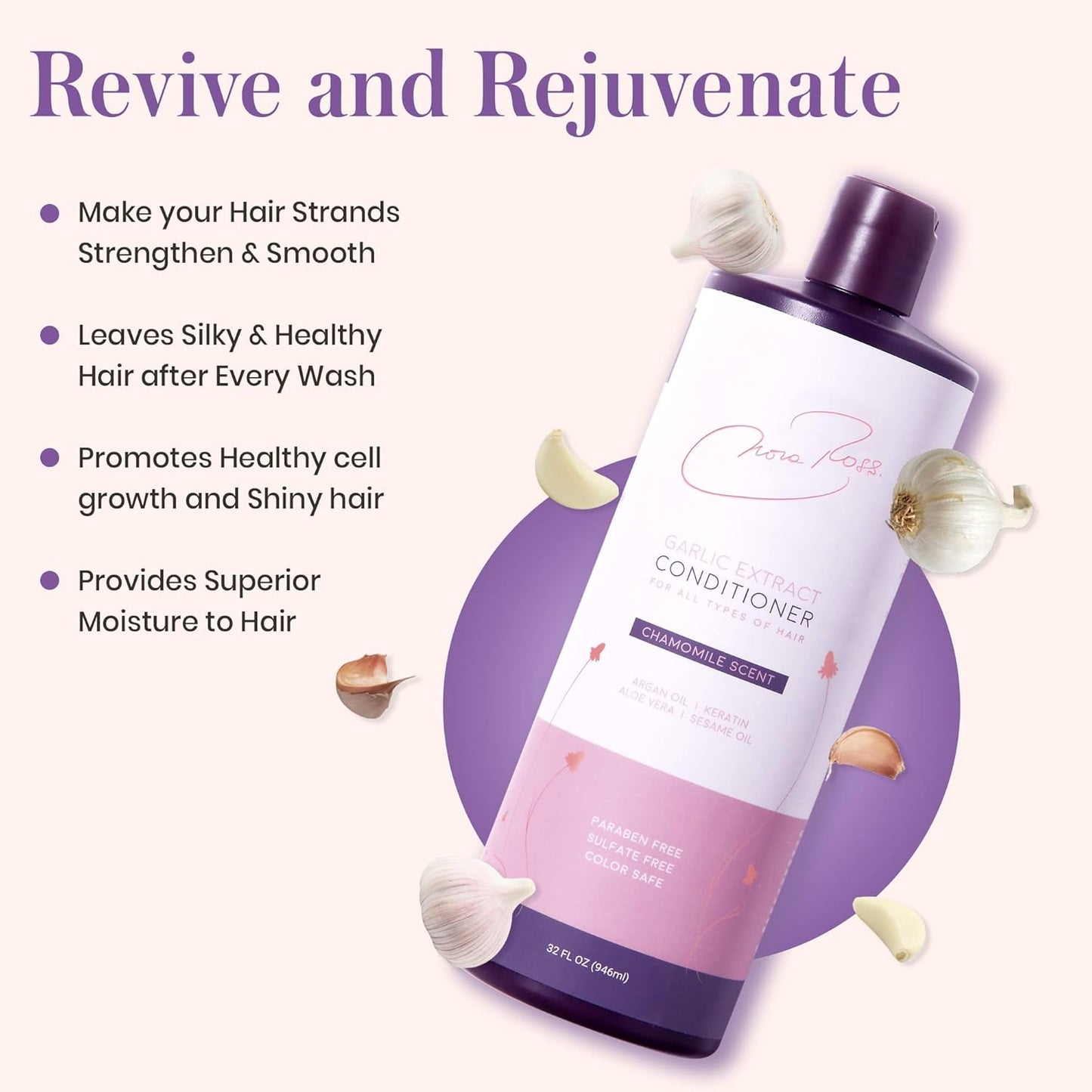 Nora Ross Garlic Extract Daily Moisturizing Conditioner with Argan Oil, Aloe & Chamomile Scent – Deep Conditioning for Smooth, Shiny Hair – Sulfate Free, Color Safe Formula for Women and Men – 32oz