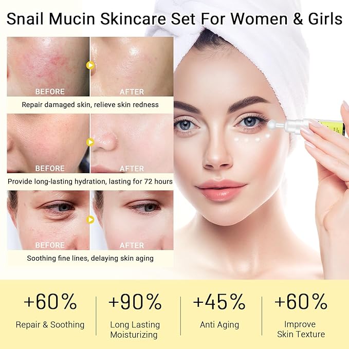 Snail Mucin Skin Care Routine Set For Women, 5 PCS Advanced Snail Mucin Facial Kit For Girls, Skin Care Gift Set With Face Cleanser, Toner, Serum, Face Cream, Eye Cream, Repairing, Anti Aging.
