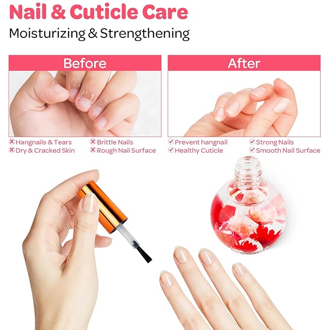 JIASHENG Cuticle Oil, Strawberry Scented Cuticle Nail Oil Infused with Real Flowers, Hydrates, Moisturizes, Strengthens, Repairs, Revitalizing Cuticle Oils for Nails Damage Dry Cuticle, 15ml
