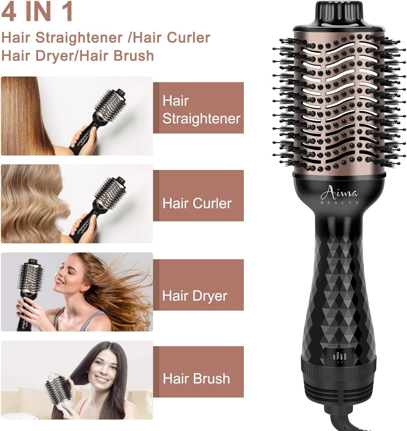 Aima Beauty One-Step Volumizer Hair Dryer Brush, 4-in-1 Upgrade Hot Air Brush for Less Frizz, More Shine, Oval Brush for Blowout, Black Red