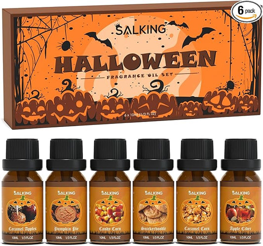 SALKING Halloween Fragrance Oils, Premium Essential Oils for Diffuser, Scented Oils Gift Set for Soap Candle Making - Pumpkin Pie,Caramel Apples,Candy Corn, Snickerdoodle, Caramel Corn, Apple Cider