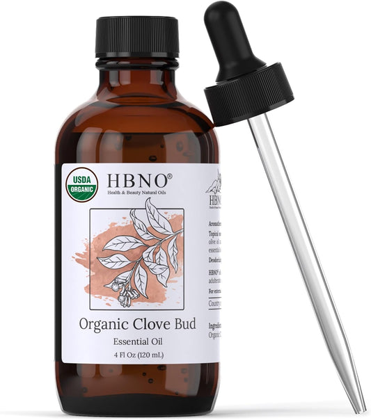 HBNO Organic Clove Bud Essential Oil - 4 oz (120ml) - USDA Certified Organic Clove Bud Essential Oil, Soap Making, DIY, Fragrances, Diffuser