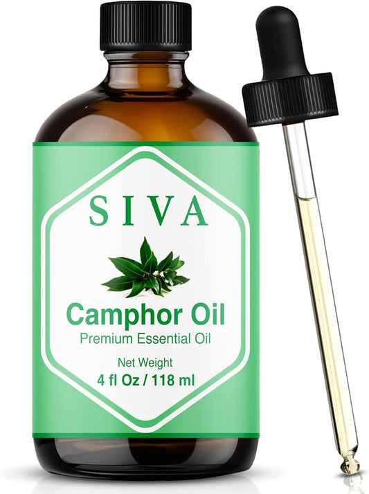Siva Camphor Essential Oil - 4 Fl Oz – 100% Natural Camphor Oil - for Diffuser, Face, Skin Care, Aromatherapy, Hair Care, Scalp and Body Massage - with Dropper