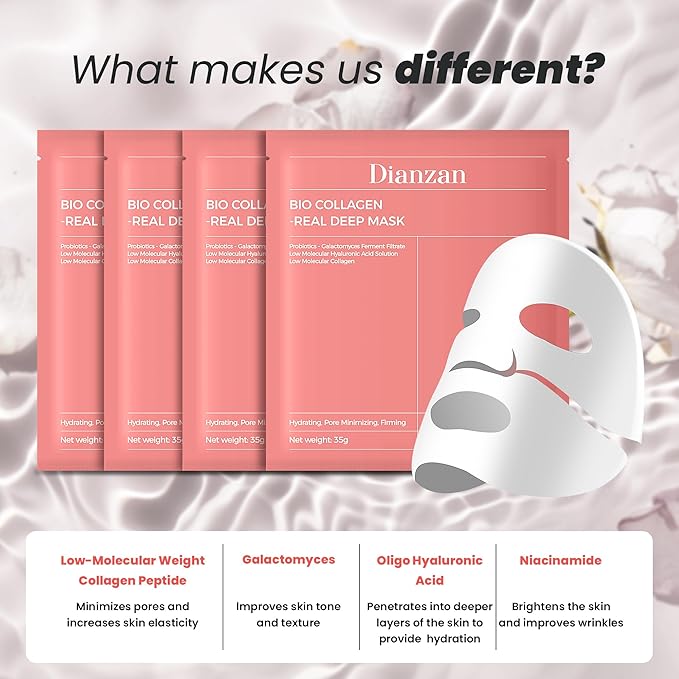 Dianzan Bio-Collagen Real Deep Mask,Overnight Hydrating Face Mask with Hyaluronic Acid & Collagen, Korean Formula for Dry, Sensitive Skin - Tightens Pores, Firms Skin, Reduces Fine Lines,35g x 4ea