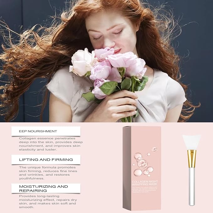 Collagen Night Wrapping Mask,Overnight Peel Off Hydrolyzed Collagen Facial Mask,Hydrates and Tightens Skin,Elasticity & Hydration Care 2.54 fl.oz(Brush Included)