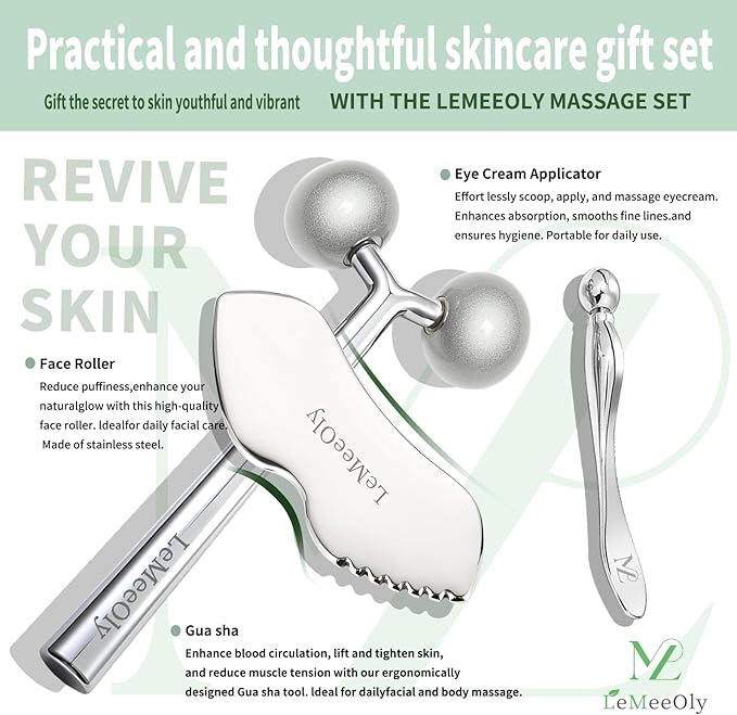 Face Roller Massager Skin & Gua Sha Facial Tools Stainless Steel, Facial Massage Skin Care for Face Neck Body, Reduce Puffiness Remove Wrinkles, Valentines Gift for Women