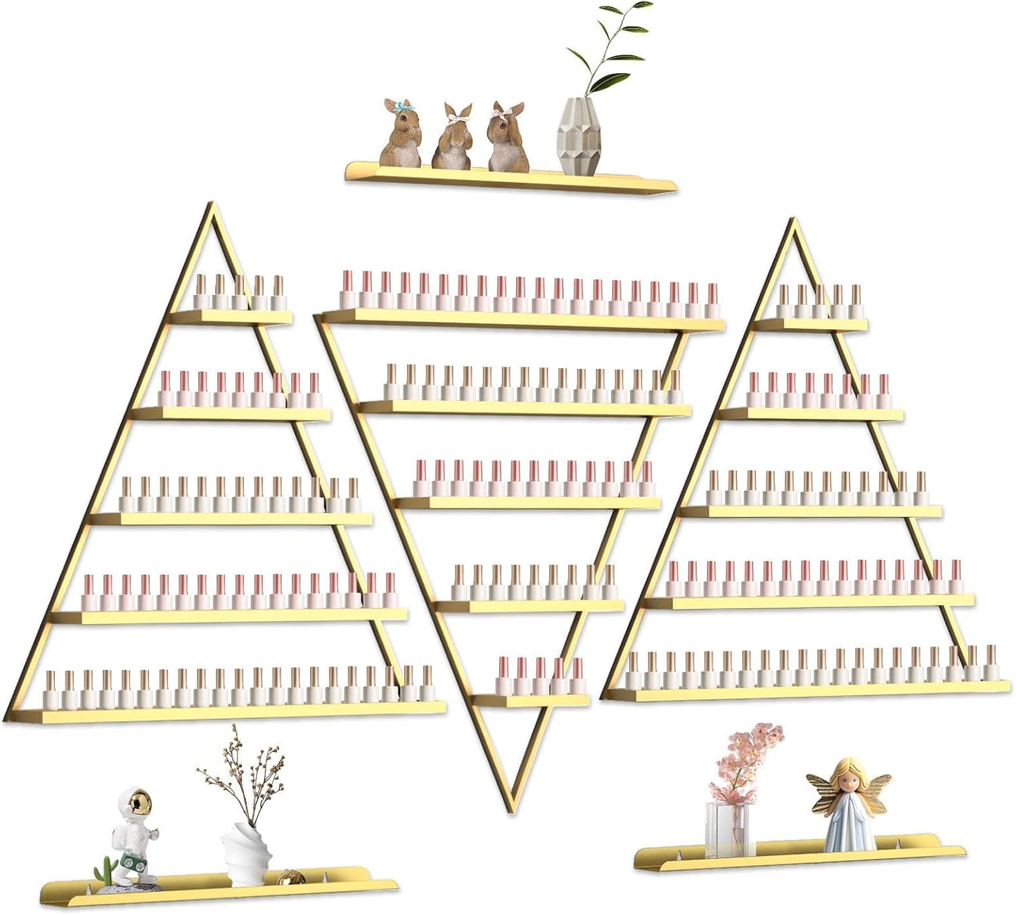 EBANKU 6PCS Nail Polish Racks 5 Tiers Nail Polish Shelf for Wall Triangular Display Rack Cosmetic Display Cases Lipstick Perfume Wall Shelf Essential Oil Organizers for Home Spa Nail Salon Shop(Gold)