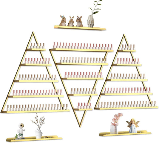 EBANKU 6PCS Nail Polish Racks 5 Tiers Nail Polish Shelf for Wall Triangular Display Rack Cosmetic Display Cases Lipstick Perfume Wall Shelf Essential Oil Organizers for Home Spa Nail Salon Shop(Gold)