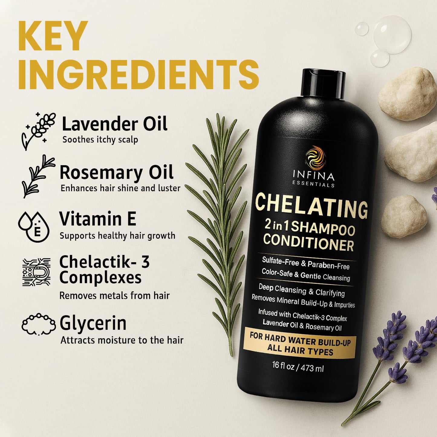 Hard Water Shampoo and Conditioner – 2-in-1 Chelating Cleanser for Buildup Removal, Soft & Shiny Hair – With Chelactik-3 Complex, Amodimethicone & Rosemary Oil – Sulfate-Free - Color Safe – 16 fl oz