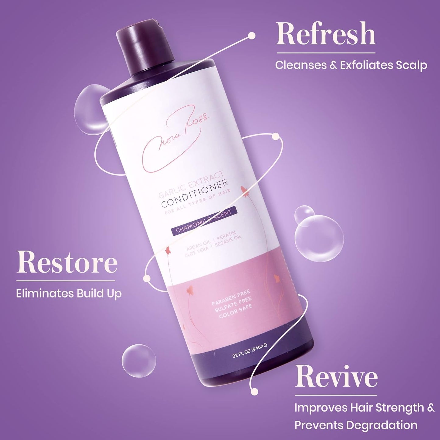 Nora Ross Garlic Extract Daily Moisturizing Conditioner with Argan Oil, Aloe & Chamomile Scent – Deep Conditioning for Smooth, Shiny Hair – Sulfate Free, Color Safe Formula for Women and Men – 32oz