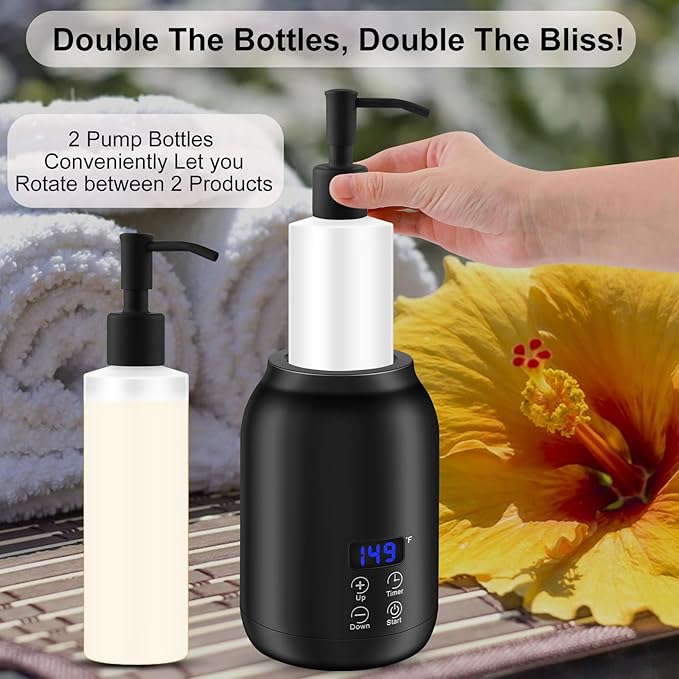 Massage Oil Heater Warmer,with ℃/℉ Switchable Display, Two Oil Dispenser Bottle，Constant Temperature,Body Oils Heater for Spa, Salon and Barber Shops,Black