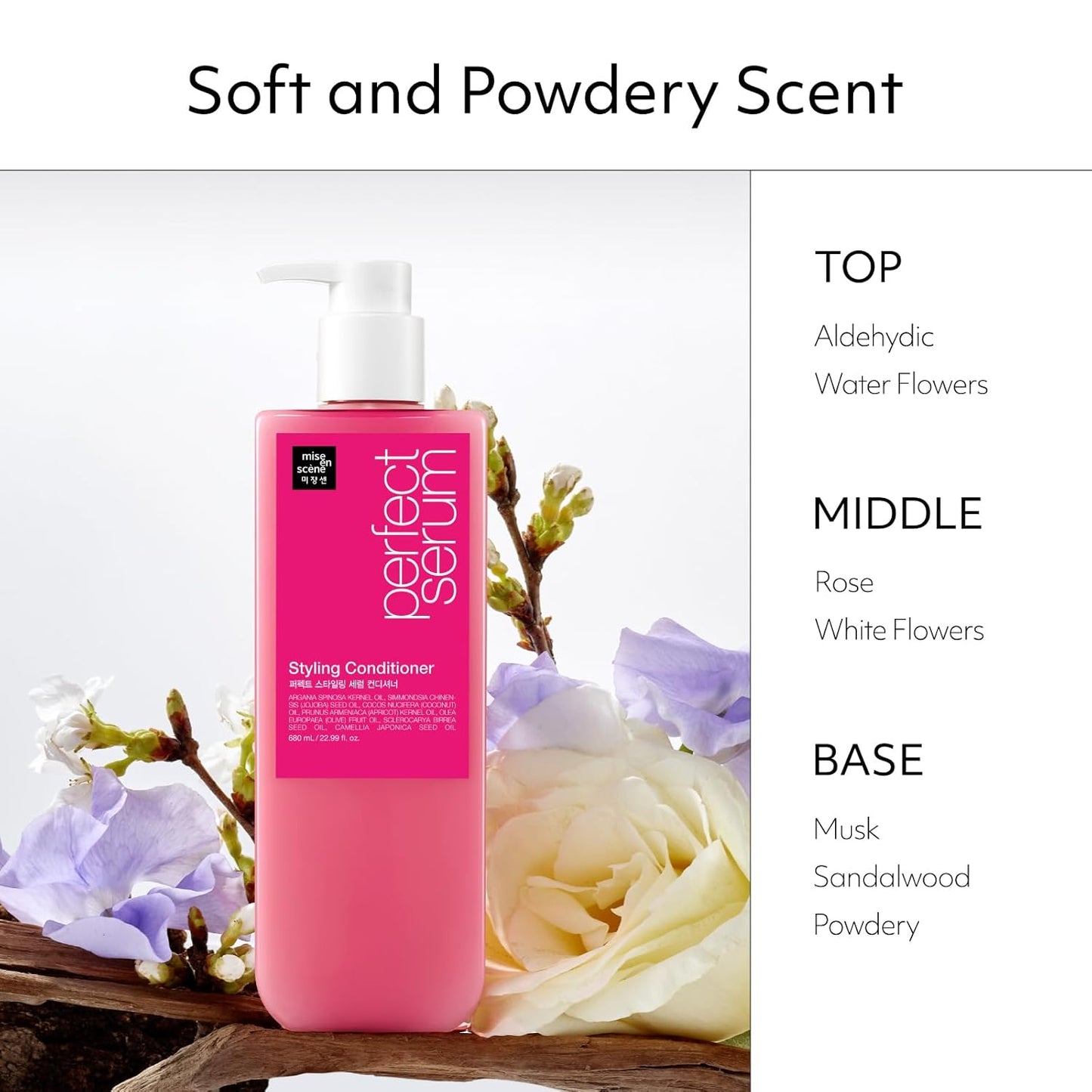 Mise En Scene Perfect Hair Perfume Conditioner - Styling Serum Conditioner - with Peony and Rose Scent, Styling Memory & Heat Protection, Enriched with Argan Oil, Daily Nourishing, 22.99 Fl. Oz.