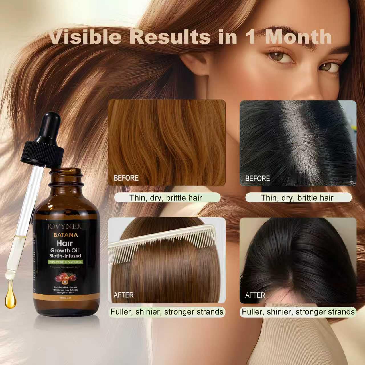 Batana Organic Oil with Biotin for Hair Growth, 2 FL OZ Pure Natural Oil for Hair Treatment Thicker, Fuller Hair DHT Blocker Scalp Nourishment Repairs Dry & Damaged Hair, Prevents Hair Loss