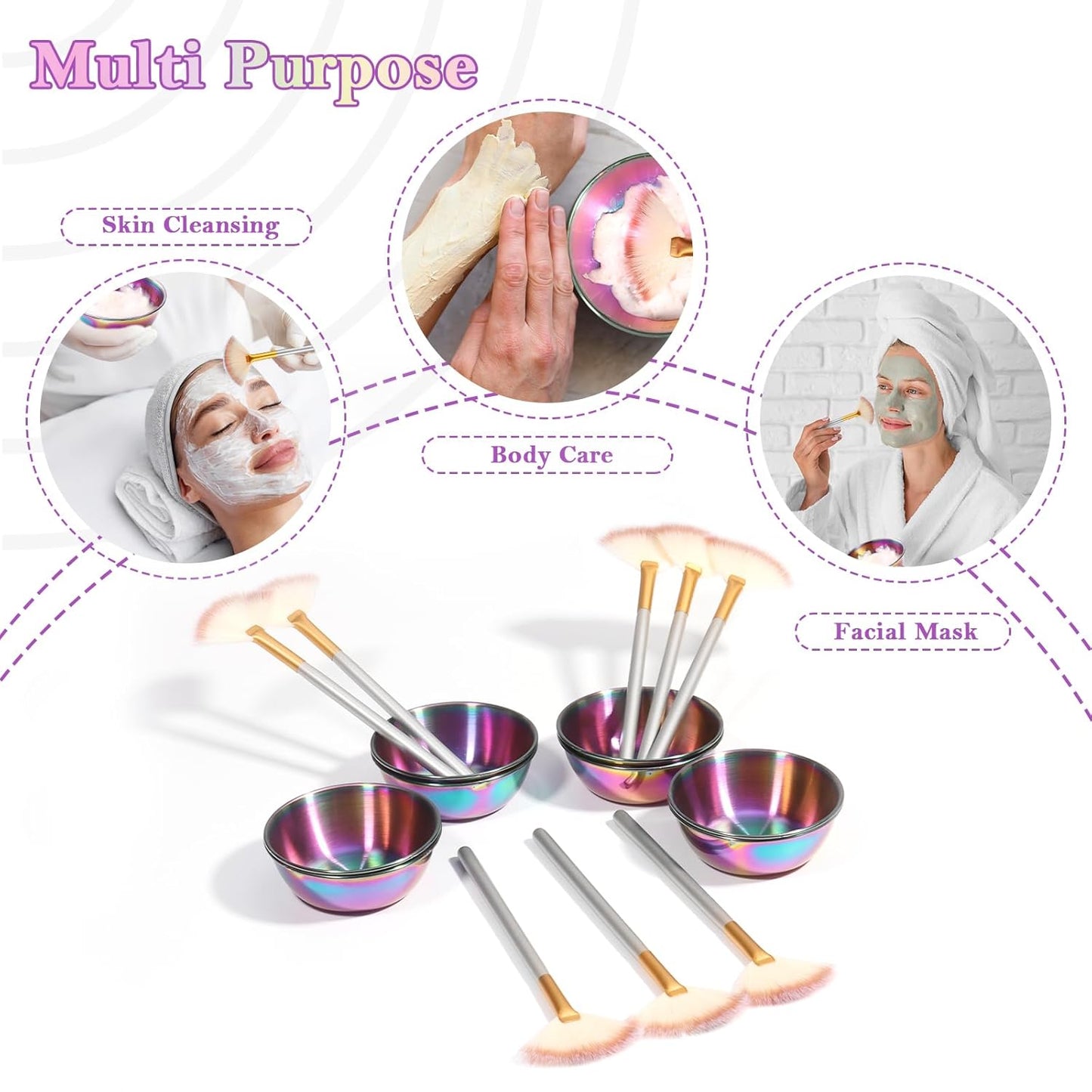 16 Pcs Rainbow Esthetician Supplies 8 Facial Fan Brushes Esthetician 8 Rainbow Stainless Steel Mixing Bowls Face Mask Brush Facial Bowls Esthetician for Mud Cream Makeup Spa Salon Women