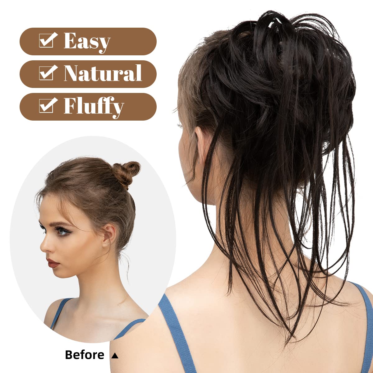CJL HAIR Messy Bun Hair Piece Curly Hair Bun Extensions with Straight Tails Synthetic Hair Scrunchies Ponytail Hairpieces for Women Black Brown