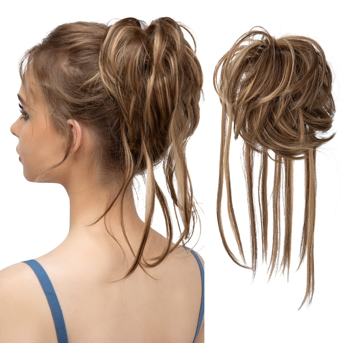 CJL HAIR Messy Bun Hair Piece Curly Hair Bun Extensions with Straight Tails Synthetic Hair Scrunchies Ponytail Hairpieces for Women Brunette/Honey Blonde