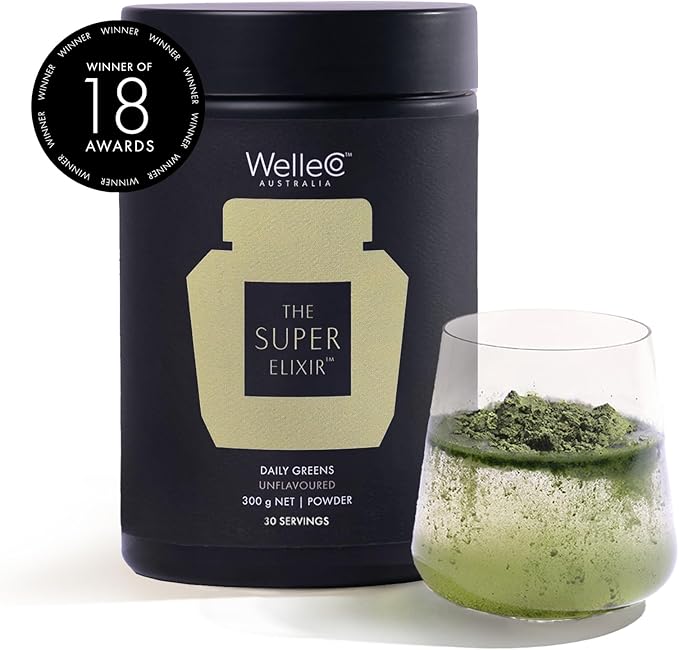 WelleCo The Super Elixir Daily Greens Powder, Probiotic Drink Mix with Whole Foods, Gluten Free, Vegan Gut Health Powder, Energy, Immunity, Healthy Skin, Hair & Nails (300g, Unflavored) Jar