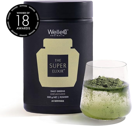 WelleCo The Super Elixir Daily Greens Powder, Probiotic Drink Mix with Whole Foods, Gluten Free, Vegan Gut Health Powder, Energy, Immunity, Healthy Skin, Hair & Nails (300g, Unflavored) Jar