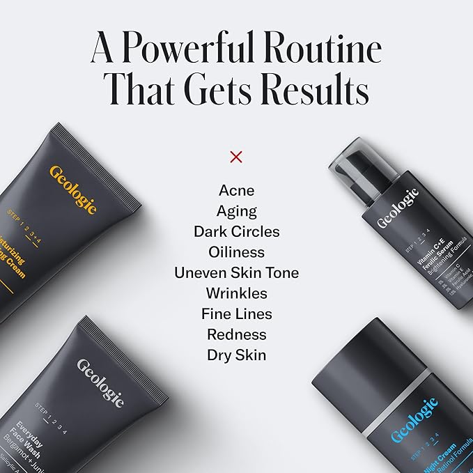 Geologie Skincare Hero Set | 5-Piece Kit Includes 2 Face Washes, SPF15 Moisturizer, Retinol Cream & Vitamin C Serum | Daily Routine for Clear, Healthy Skin for Men and Women | Lasts 3 Months