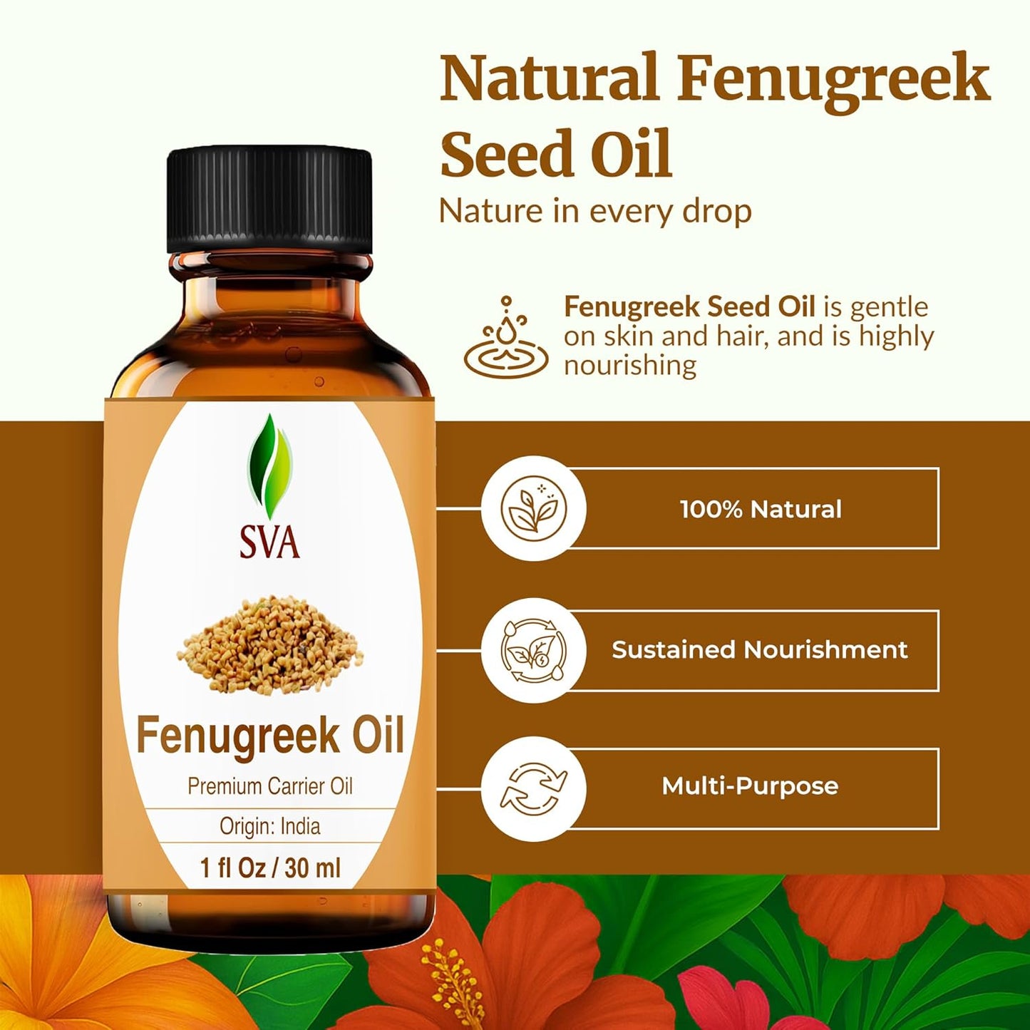 SVA Fenugreek Seed Oil - 1 Fl Oz – 100% Natural Cold Pressed Fenugreek Oil - for Face, Skin Care, Hair Care, Scalp Massage & Body Massage – Carrier Oil with Dropper